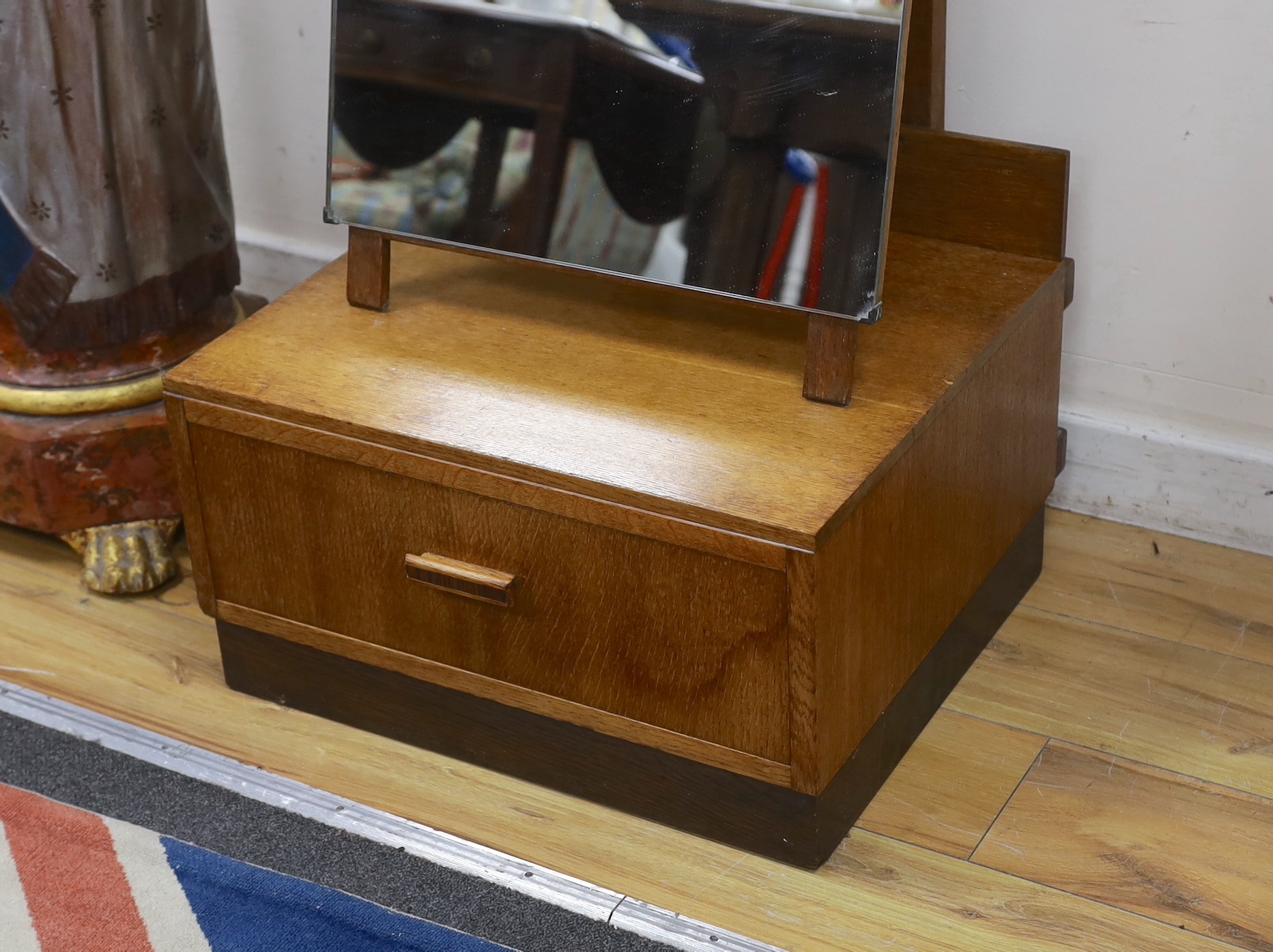 A mid century oak robing mirror, bears Good Furniture Units label, width 54cm, depth 48cm, height 148cm